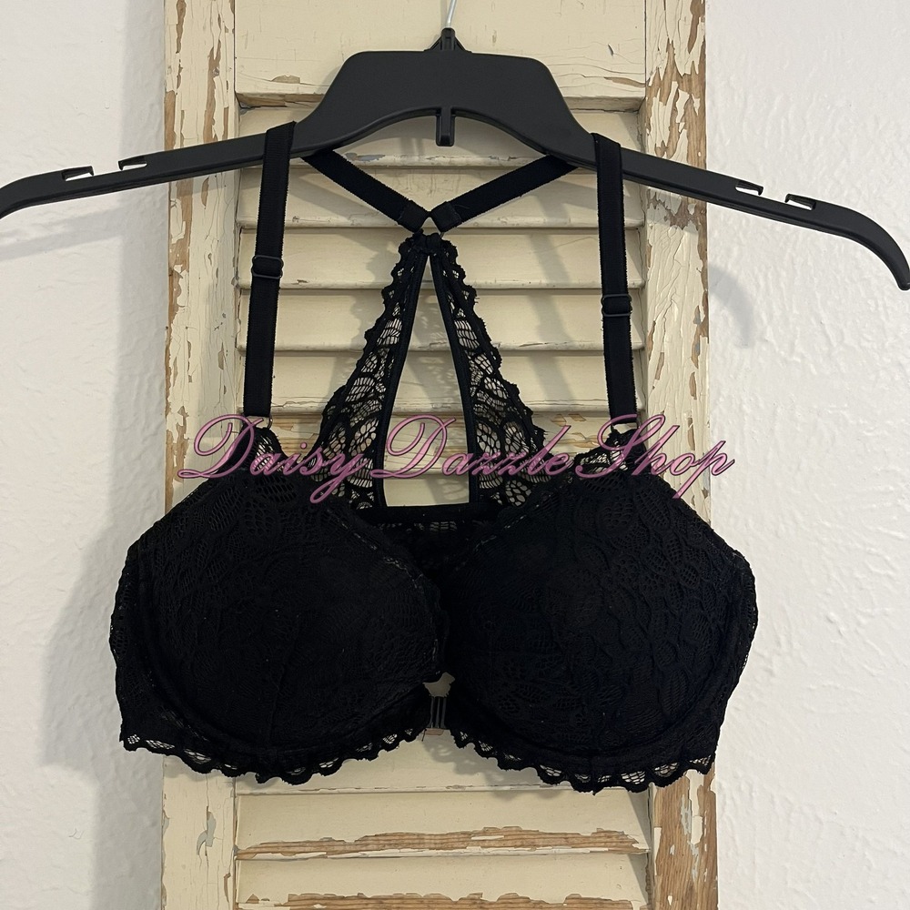 Victorias Secret PINK Date Push Up Bra Bralette Black Lace Racerback Bra 36 D